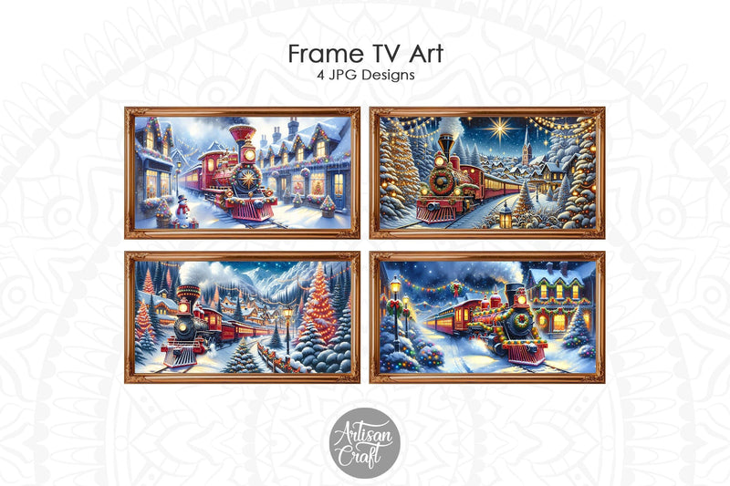 Red Christmas Train frame TV vintage art, Christmas background Digital Pattern Artisan Craft SVG 