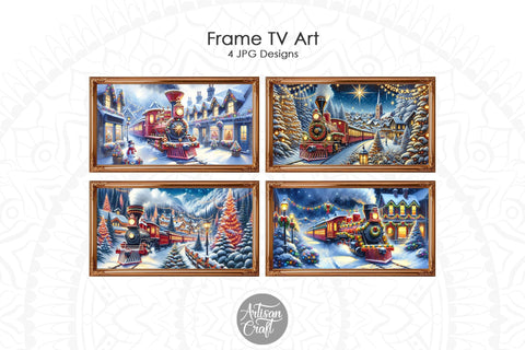 Red Christmas Train frame TV vintage art, Christmas background Digital Pattern Artisan Craft SVG 