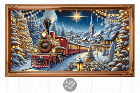 Red Christmas Train frame TV vintage art, Christmas background Digital Pattern Artisan Craft SVG 