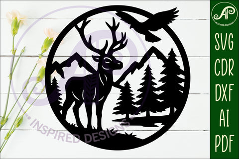 Red deer buck/ stag mountain scene wall sign svg laser cut SVG APInspireddesigns 