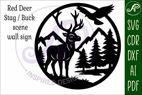 Red deer buck/ stag mountain scene wall sign svg laser cut SVG APInspireddesigns 