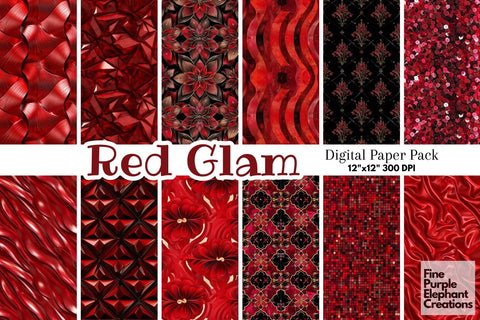 Red Glam Digital Paper | Luxury Glitter Art Deco Digital Pattern Fine Purple Elephant Creations 