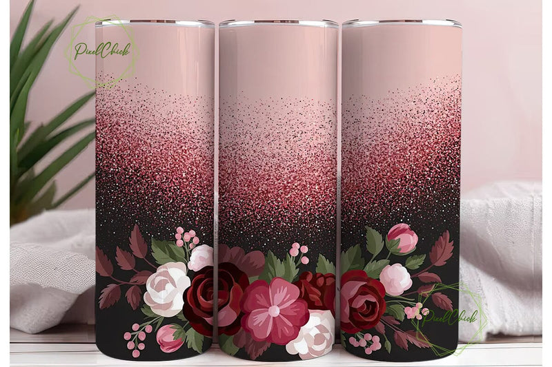 Red Glitter Floral 20oz Tumbler Wrap Sublimation PixelChick 