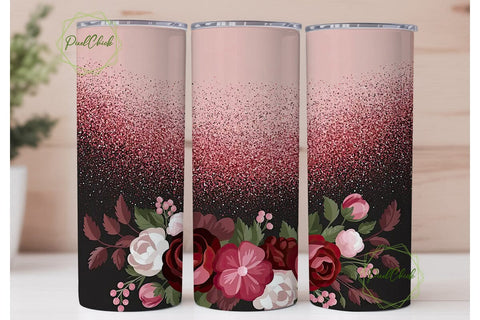 Red Glitter Floral 20oz Tumbler Wrap Sublimation PixelChick 