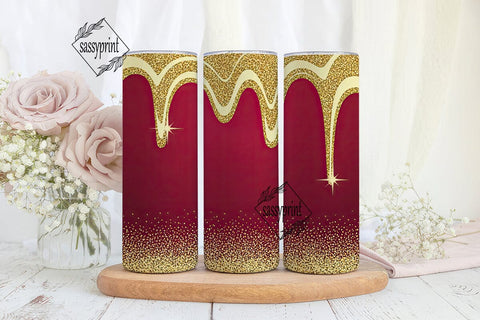 Red & Gold Glitter Drips Tumbler Wrap Sublimation sassyprint 