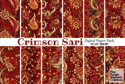 Red Gold Indian Wedding Hindu Pattern Digital Pattern Fine Purple Elephant Creations 