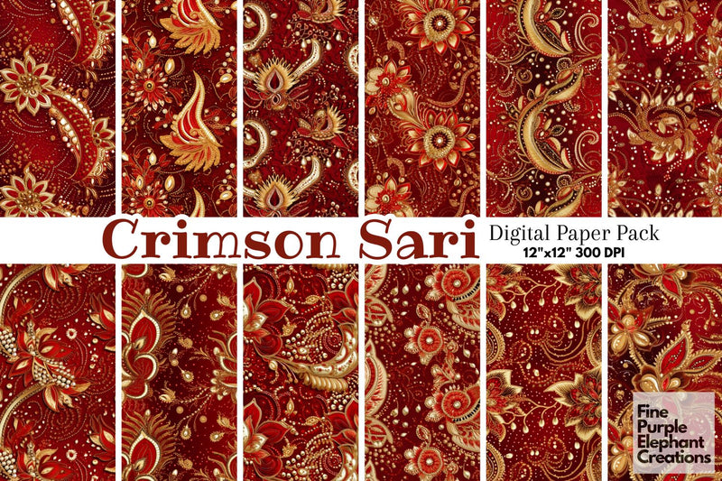 Red Gold Indian Wedding Hindu Pattern Digital Pattern Fine Purple Elephant Creations 