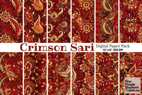 Red Gold Indian Wedding Hindu Pattern Digital Pattern Fine Purple Elephant Creations 