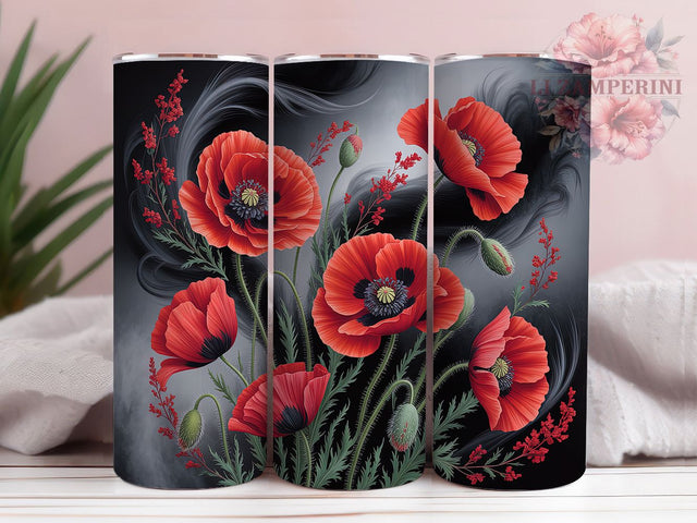 Red Gray Poppy Floral Tumbler, Gray Flower, Red Flower, Seamless Pattern, Elegant Art, 20Oz Tumbler, Sublimation Wrap Sublimation Li Zamperini 