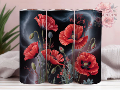 Red Gray Poppy Floral Tumbler, Gray Flower, Red Flower, Seamless Pattern, Elegant Art, 20Oz Tumbler, Sublimation Wrap Sublimation Li Zamperini 