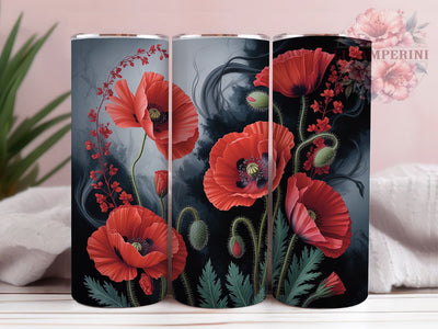 Red Gray Poppy Floral Tumbler, Gray Flower, Red Flower, Seamless Pattern, Elegant Art, 20Oz Tumbler, Sublimation Wrap Sublimation Li Zamperini 