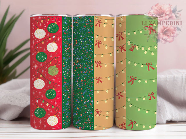 Red Green Glitter Christmas Lights Tumbler, Glitter Holiday Wrap, 20Oz Skinny Tumbler, Festive Light Sublimation, Sparkly Christmas Tumbler, Holiday Glow Wrap, Bright Christmas Design Sublimation Li Zamperini 