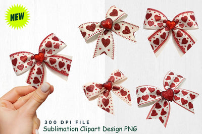 Red Heart Ribbon Bow with Glossy Centerpiece Clipart Sublimation Regulrcrative 
