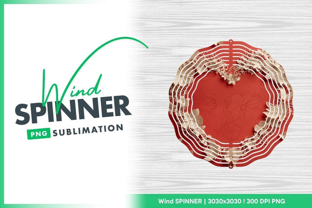 Red Heart Shaped Wind Spinner with Floral Design on White Wood Background Sublimation Regulrcrative 