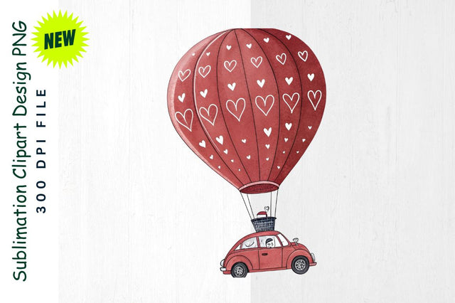 Red Hot Air Balloon Car with Heart Designs Sublimation Clipart Sublimation Regulrcrative 