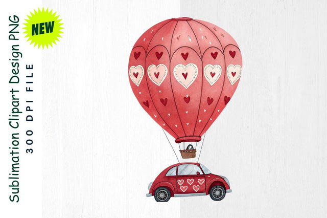 Red Hot Air Balloon Car with Heart Designs Sublimation Clipart Sublimation Regulrcrative 