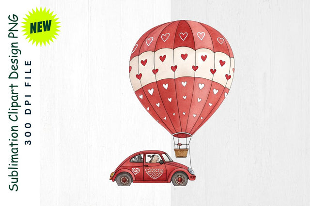 Red Hot Air Balloon Car with Heart Designs Sublimation Clipart Sublimation Regulrcrative 