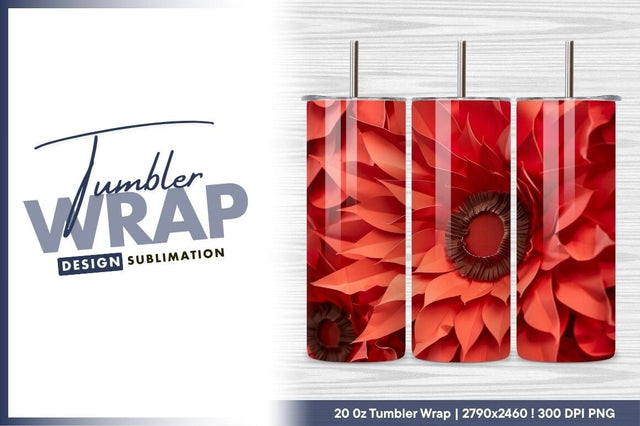 Red Paper Flowers Tumbler Png Artistic Design Sublimation Regulrcrative 