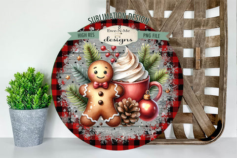 Red Plaid Gingerbread with Cocoa | Round Sublimation PNG Sublimation Ewe-N-Me Designs 