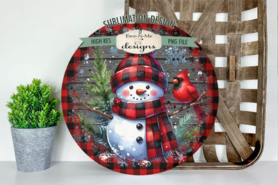 Red Plaid Snowman with Bird | Round Sublimation Design PNG Sublimation Ewe-N-Me Designs 