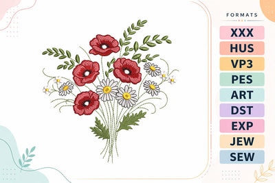 Red Poppies and Daisies Meadow Bouquet Embroidery Design Embroidery/Applique DESIGNS sg embroidery 