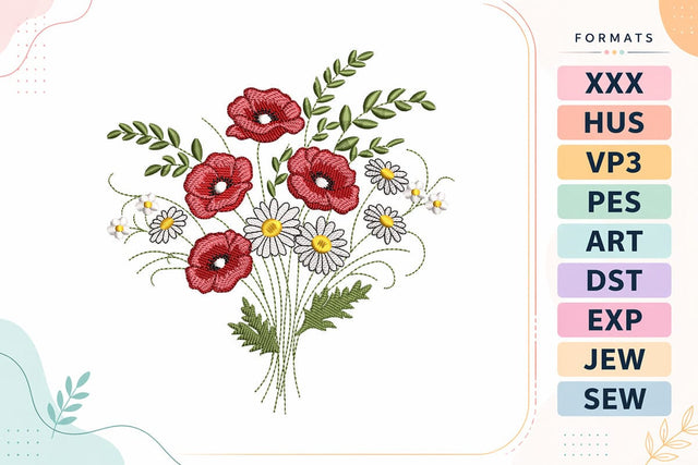 Red Poppies and Daisies Meadow Bouquet Embroidery Design Embroidery/Applique DESIGNS sg embroidery 