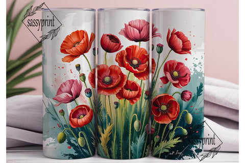 Red Poppy Watercolor Tumbler Wrap Sublimation sassyprint 