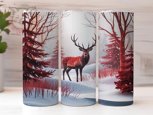 Red Reindeer Forest Tumbler, Christmas Deer Tumbler, 20Oz Sublimation, Winter Forest Printable, Red Holiday Design, Reindeer Silhouette Wrap, Festive Forest Art Sublimation Lara' s Designs 