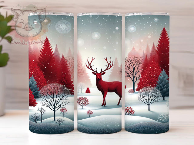 Red Reindeer Forest Tumbler, Christmas Deer Tumbler, 20Oz Sublimation, Winter Forest Printable, Red Holiday Design, Reindeer Silhouette Wrap, Festive Forest Art Sublimation Lara' s Designs 