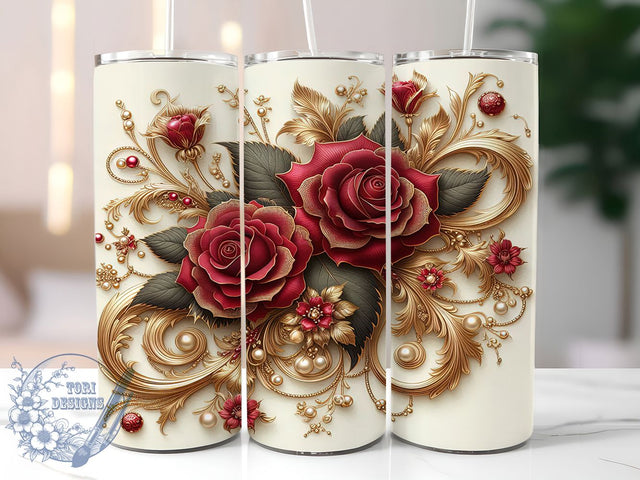Red Rose Gold Glitter Tumbler, Gold Glitter Floral, 20Oz Sublimation, Red Rose Tumbler, Elegant Floral Printable, Gold Sparkle Design, Romantic Rose Wrap Sublimation ToriDesigns 