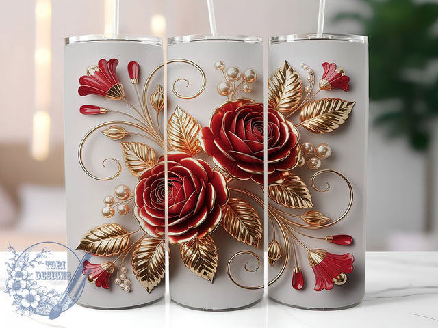 Red Rose Gold Glitter Tumbler, Gold Glitter Floral, 20Oz Sublimation, Red Rose Tumbler, Elegant Floral Printable, Gold Sparkle Design, Romantic Rose Wrap Sublimation ToriDesigns 