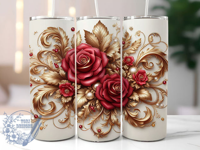 Red Rose Gold Glitter Tumbler, Gold Glitter Floral, 20Oz Sublimation, Red Rose Tumbler, Elegant Floral Printable, Gold Sparkle Design, Romantic Rose Wrap Sublimation ToriDesigns 