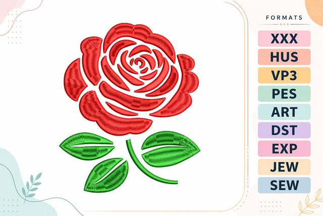 Red Rose with Stem and Leaves Embroidery Design Embroidery/Applique DESIGNS sg embroidery 