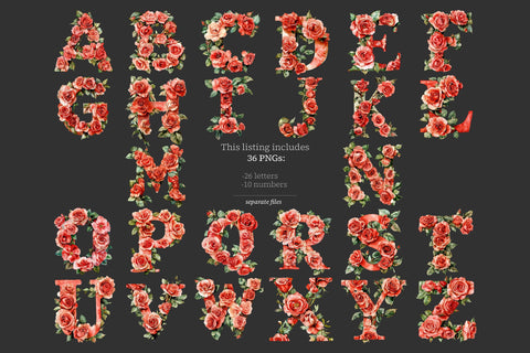 Red Roses Alphabet | Printable Flowers Letters Botanical SVG GlamArtZhanna 