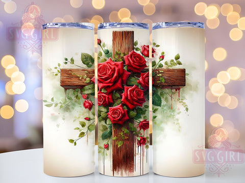 Red Roses Cross 20oz Tumbler, Cross Design Tumbler, 20oz Sublimation Wrap, Floral Christian Gift, Religious Tumbler, Rose Decor, Faith-Based Drinkware Sublimation SvggirlplusArt 