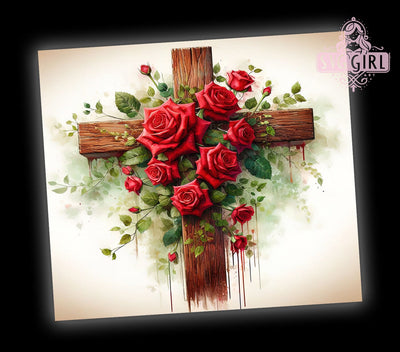 Red Roses Cross 20oz Tumbler, Cross Design Tumbler, 20oz Sublimation Wrap, Floral Christian Gift, Religious Tumbler, Rose Decor, Faith-Based Drinkware Sublimation SvggirlplusArt 