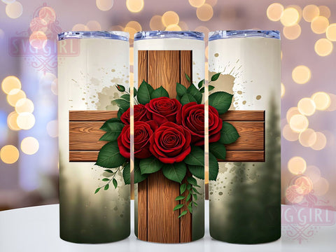 Red Roses Cross 20oz Tumbler, Cross Design Tumbler, 20oz Sublimation Wrap, Floral Christian Gift, Religious Tumbler, Rose Decor, Faith-Based Drinkware Sublimation SvggirlplusArt 