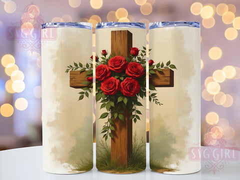 Red Roses Cross 20oz Tumbler, Cross Design Tumbler, 20oz Sublimation Wrap, Floral Christian Gift, Religious Tumbler, Rose Decor, Faith-Based Drinkware Sublimation SvggirlplusArt 