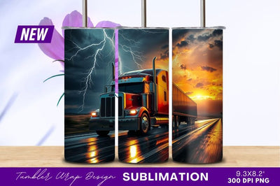 Red Semi Truck Driving During Lightning Storm Sublimation Regulrcrative 