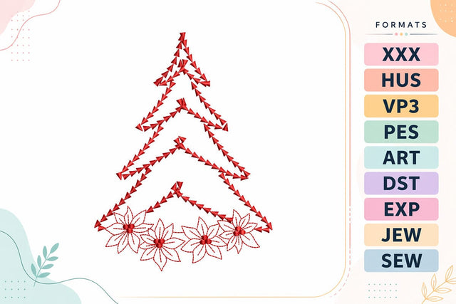 Red Stitched Tree with Poinsettias Christmas Embroidery Design Embroidery/Applique DESIGNS sg embroidery 