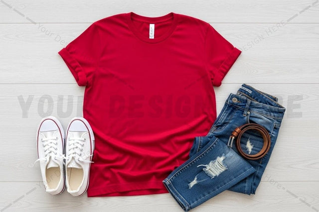 Red t-shirt mockup with casual outfit Mock Up Photo Regulrcrative 
