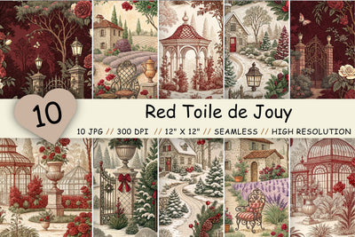 Red Toile de Jouy Digital Paper Pack, Seamless French Country Pattern Bundle, Printable Scrapbook Paper, Farmhouse Design Digital Pattern FloridPrintables 