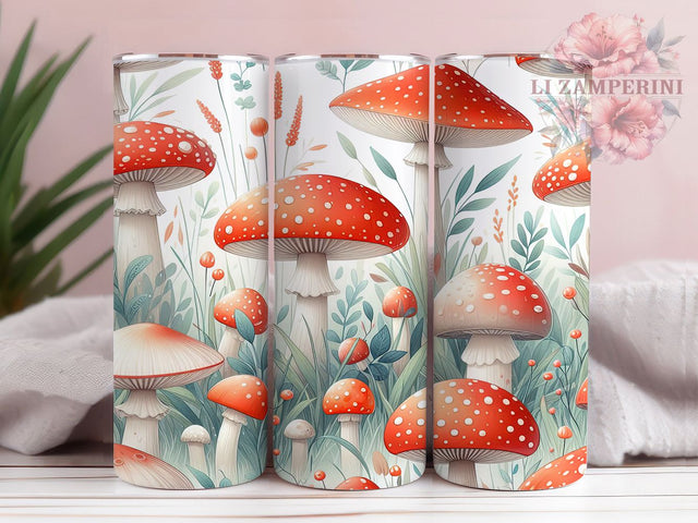 Red Trippy Mushroom 20oz Tumbler, Mushroom Pattern Cup Wrap, Trippy Mushroom Design, Sublimation Tumbler Wrap, 20Oz Tumbler Design, Artistic Mushroom Cup, Stylish Red Mushroom Wrap Sublimation Li Zamperini 