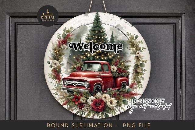 Red Truck Christmas Sublimation PNG - Round Welcome Sign Sublimation BijouBay 