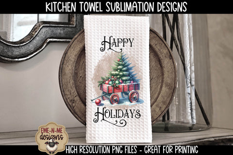 Red Wagon with Christmas Tree Kitchen Towel Sublimation Designs Sublimation Ewe-N-Me Designs 