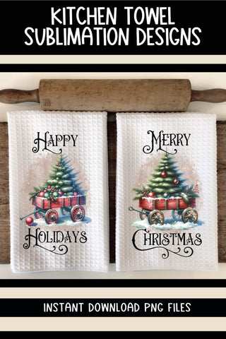 Red Wagon with Christmas Tree Kitchen Towel Sublimation Designs Sublimation Ewe-N-Me Designs 