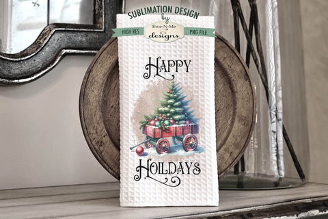 Red Wagon with Christmas Tree Kitchen Towel Sublimation Designs Sublimation Ewe-N-Me Designs 