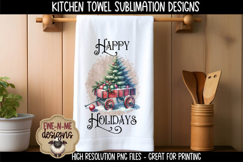 Red Wagon with Christmas Tree Kitchen Towel Sublimation Designs Sublimation Ewe-N-Me Designs 