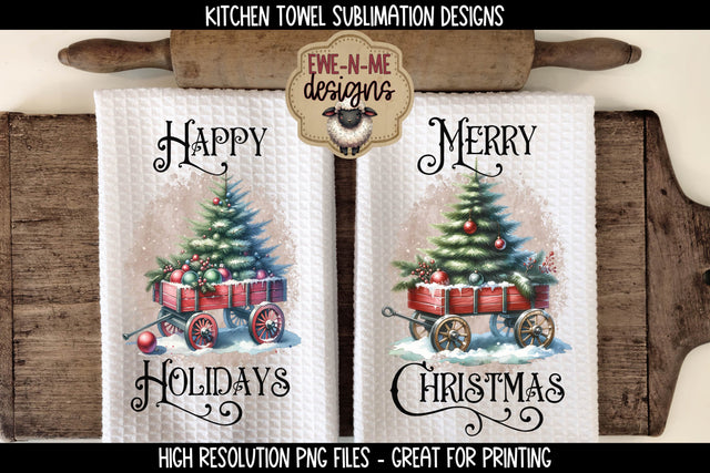 Red Wagon with Christmas Tree Kitchen Towel Sublimation Designs Sublimation Ewe-N-Me Designs 