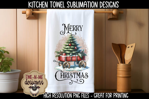 Red Wagon with Christmas Tree Kitchen Towel Sublimation Designs Sublimation Ewe-N-Me Designs 
